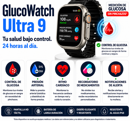 Reloj Inteligente Medidor de glucosa en sangre no invasivo GlucoWatch 7 en 1 (5 segundos / 99% de exactitud)