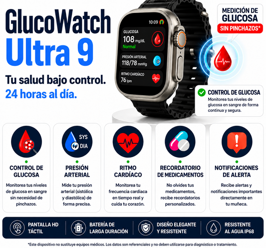Controla Glucosa, Ritmo Cardíaco y Presión Arterial - GlucoWatch Ultra 9 ⌚️(5 segundos / 99% de exactitud)