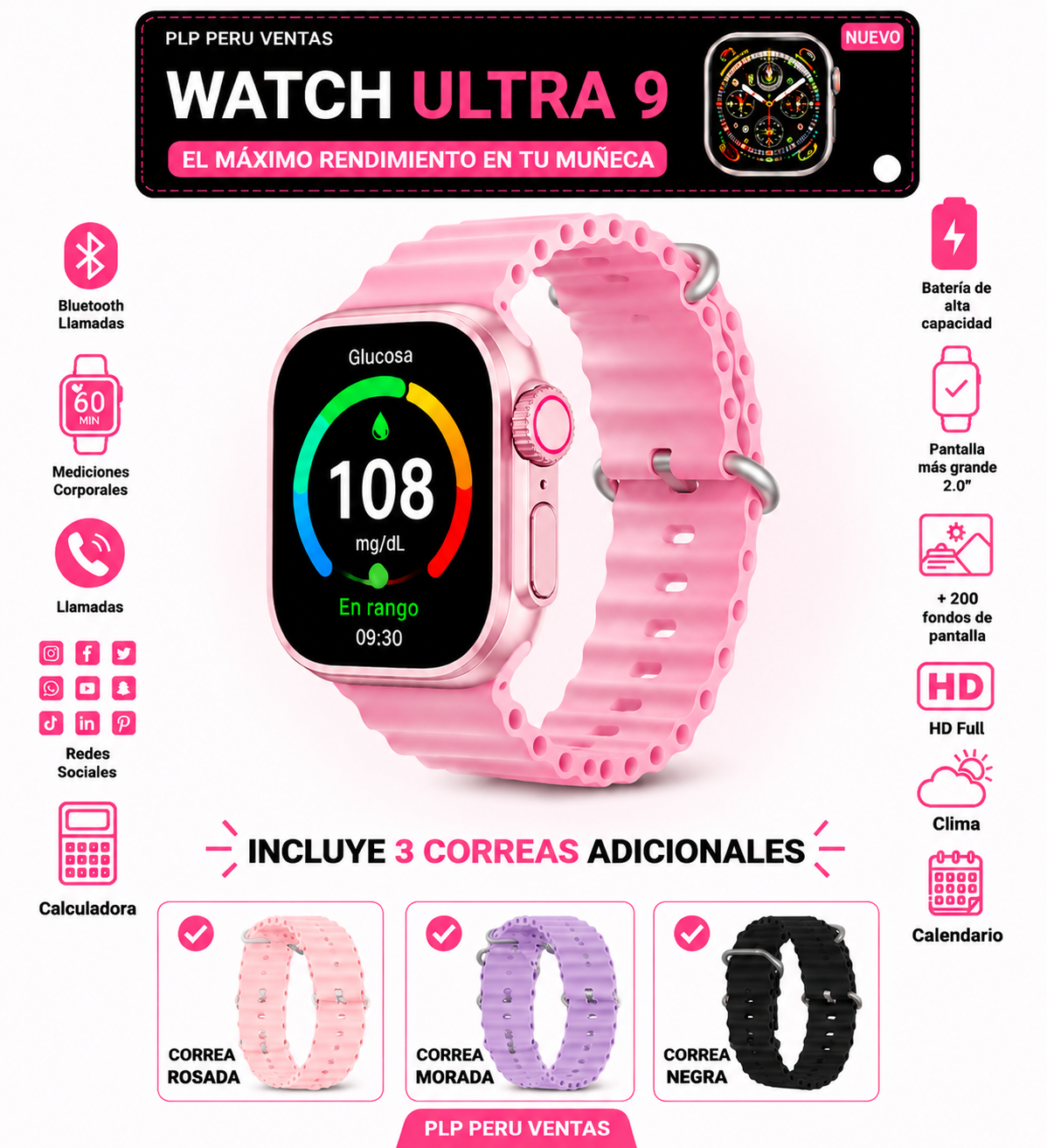 Reloj Inteligente Medidor de glucosa en sangre no invasivo GlucoWatch 7 en 1 (5 segundos / 99% de exactitud)