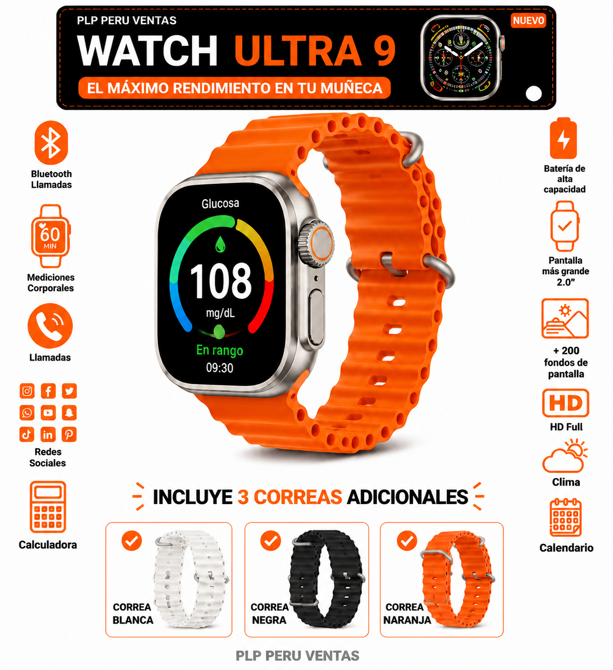 Reloj Inteligente Medidor de glucosa en sangre no invasivo GlucoWatch 7 en 1 (5 segundos / 99% de exactitud)